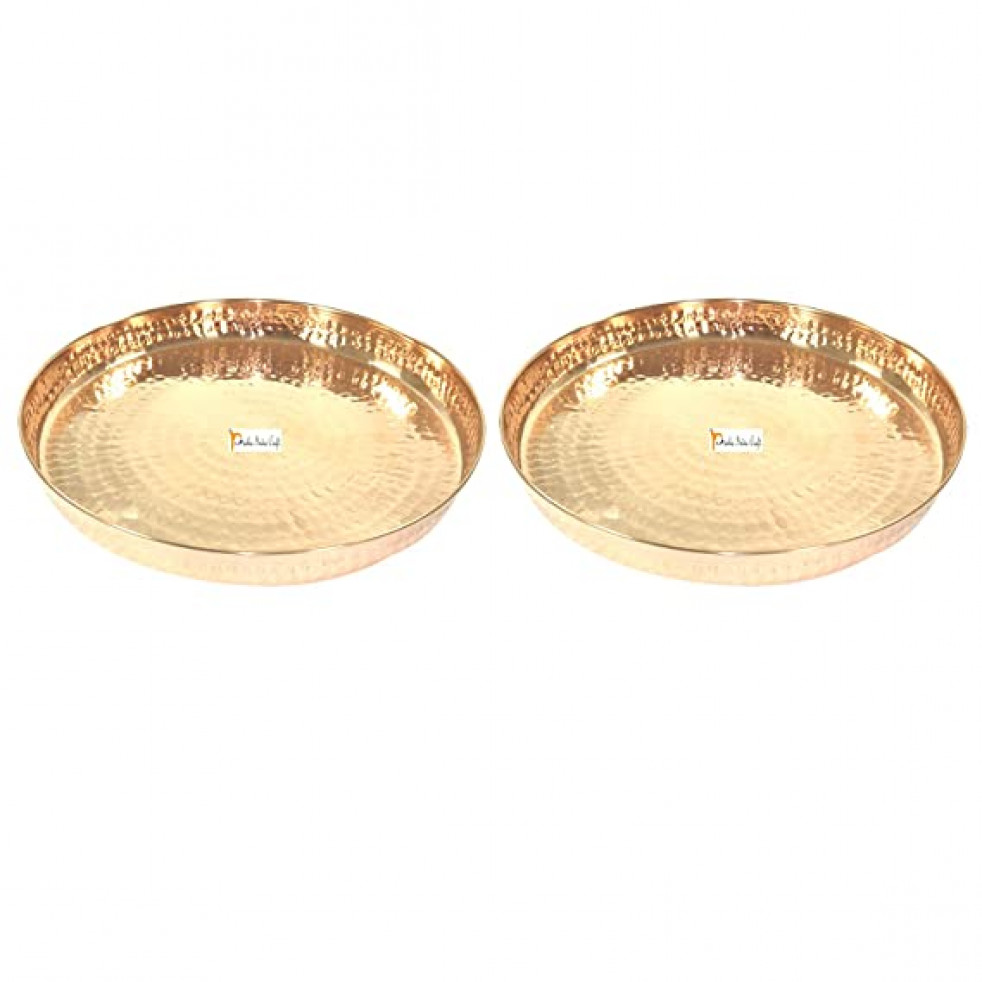 Prisha India Craft Pure Copper Hammered Dinner Thali Plate, Serveware & Dinnerware | Diameter 12" Inch | Set of 2