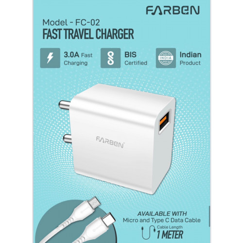 Farben FC-02 3.0 Amp Micro Charger - Rapid Charging, Universal Compatibility, Durable Design