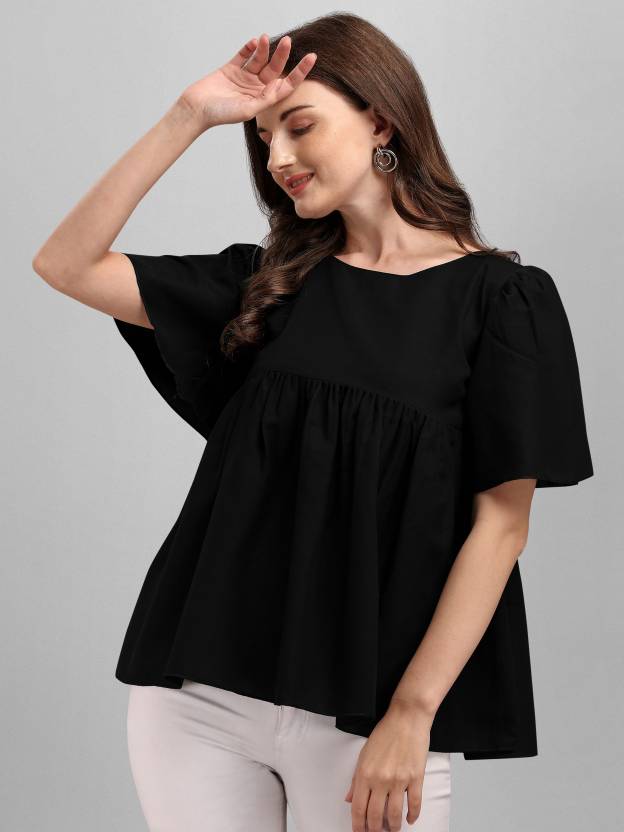 Casual Flared Sleeves Solid Women Black Top