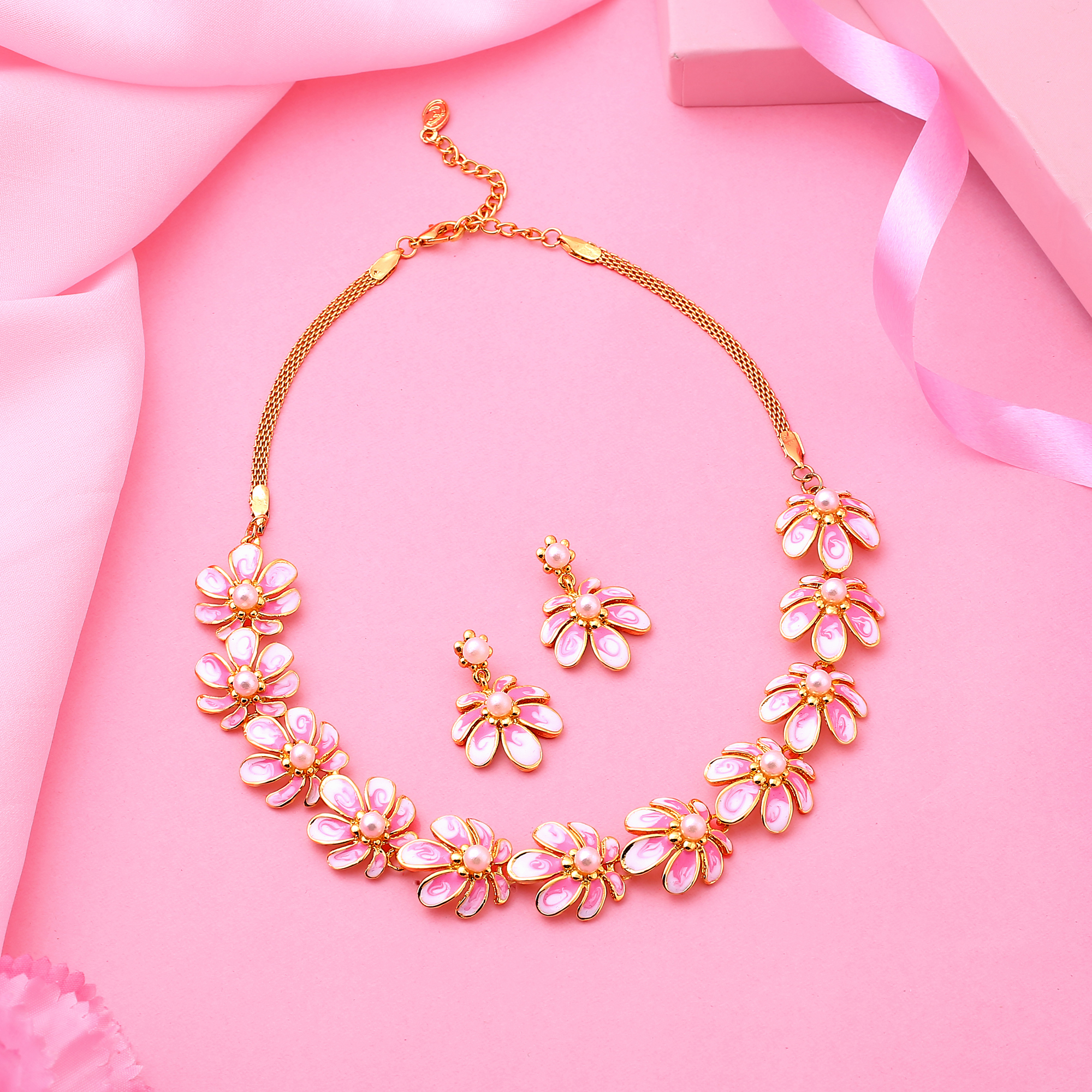 Estele Gold Plated Floret Designer Necklace Set with Austrian Crystals & Pink Enamel for Women