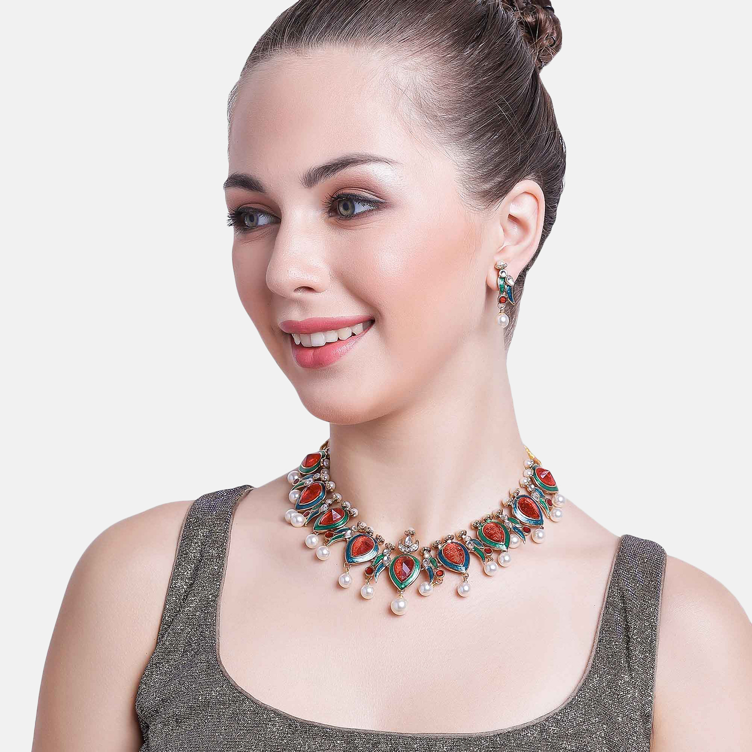 Estele Gold Plated Amore Multi Colour Pearl Drop Designer Necklace Set with Enamel for Women