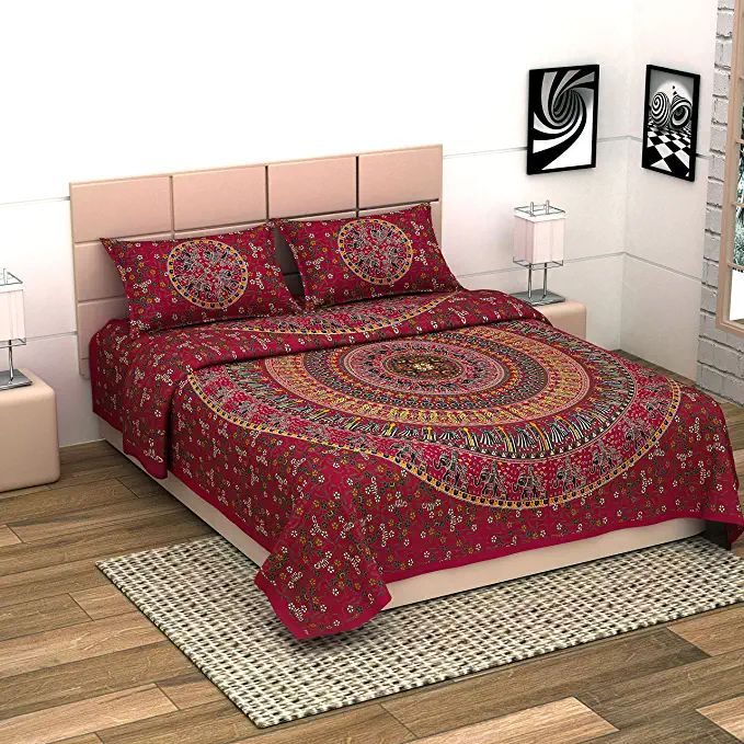 UniqChoice Red Color 100% Cotton Badmeri Printed King Size Bedsheet With 2 Pillow Cover(D-1022NRed)