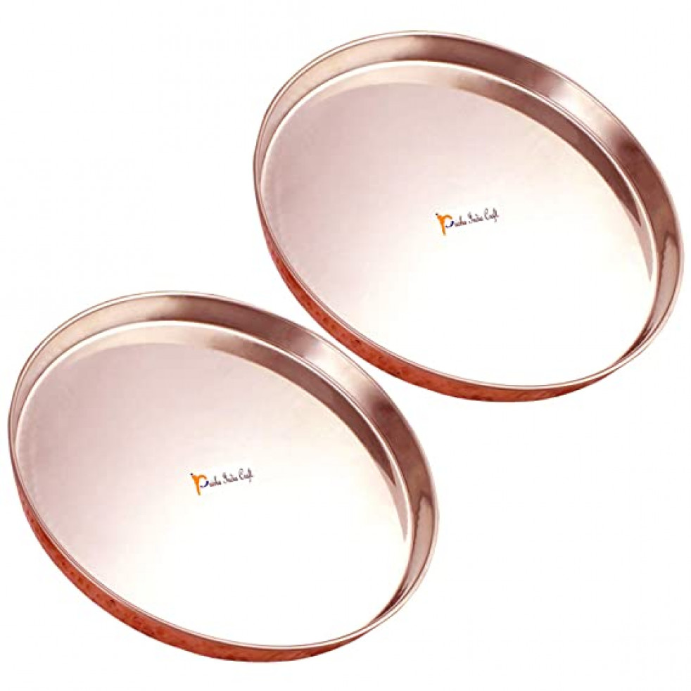 Prisha India Craft Stainless Steel Copper Dinner Thali Plate with Beaded Placemat, Thali Diameter 13.00 Inch | Set of 2 Pieces