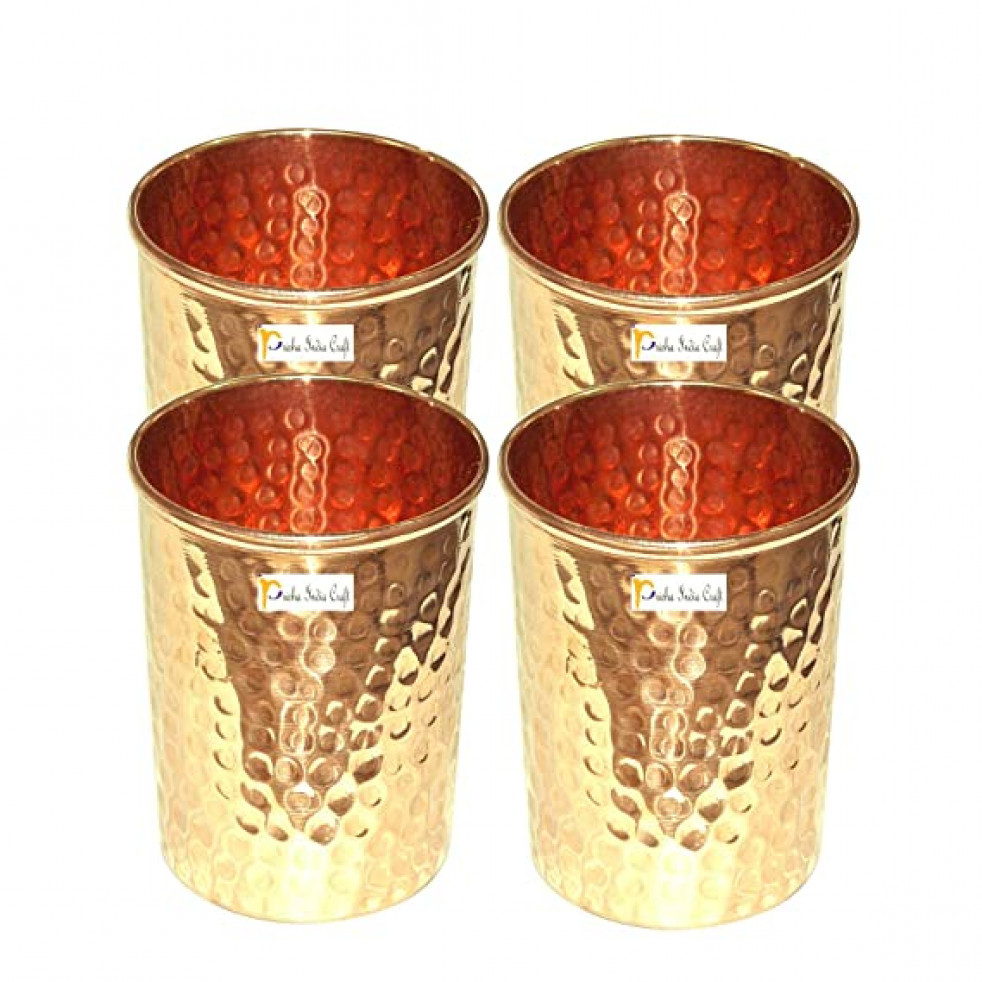 Prisha India Craft Pure Copper Glass Drinkware Hammered Tumbler, 240 ml (Gold) - Set of 4