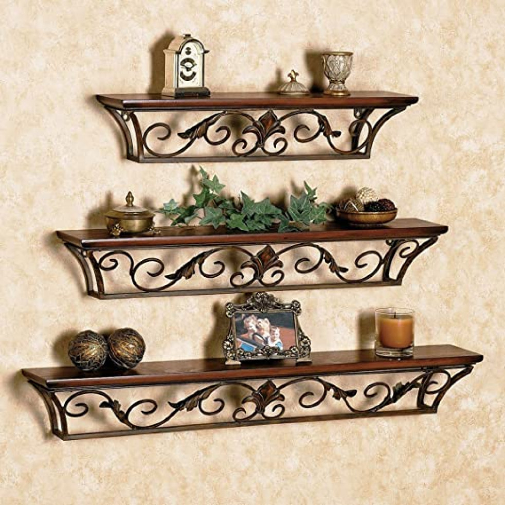 Serenz Floating Wall Mounted Wood and Iron Wall Shelves Set of 3 (Brown, Black)
