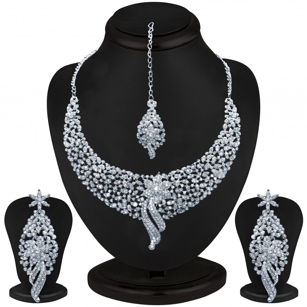Sukkhi Glimmery Rhodium Plated Austrian Diamond Choker Necklace Set