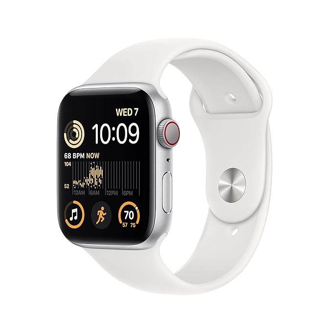 Apple Watch SE (2nd Gen) [GPS + Cellular 44 mm] Smart Watch w/Silver Aluminium Case & White Sport Band. Fitness & Sleep Tracker, Crash Detection, Heart Rate Monitor, Retina Display, Water Resistant
