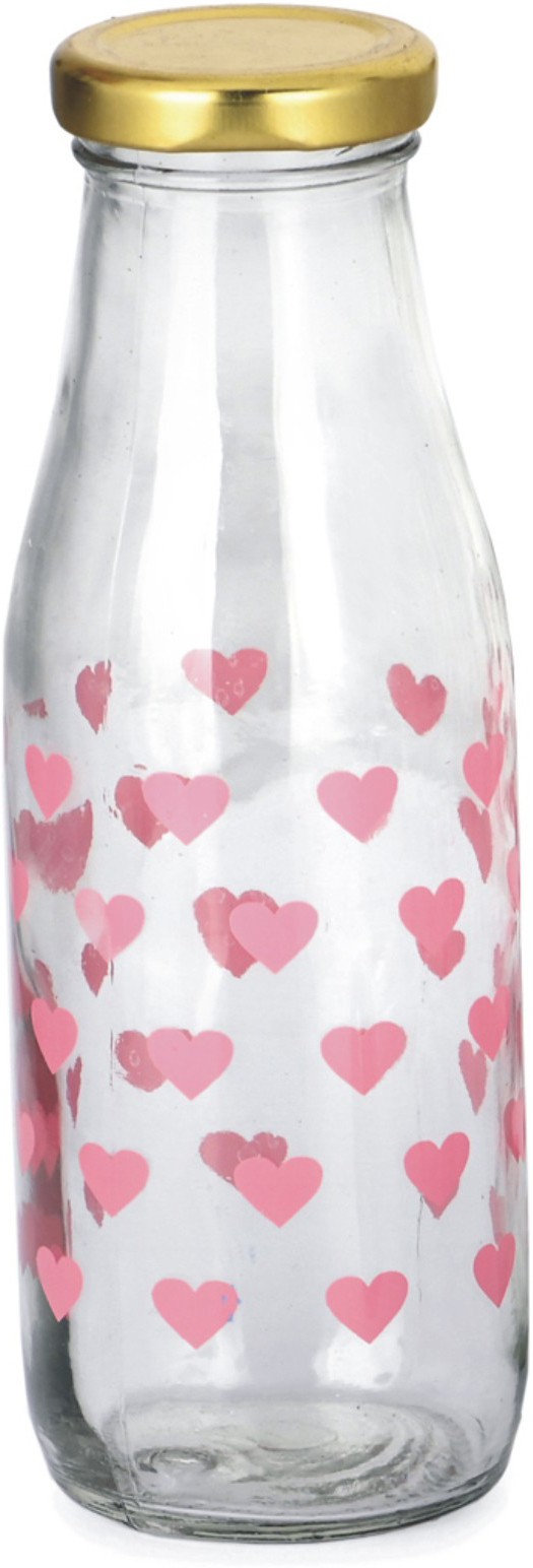 Lovely Heart Glass Water/Milk Bottle, Metal Metal Cap, 300ML, Pack Of 1