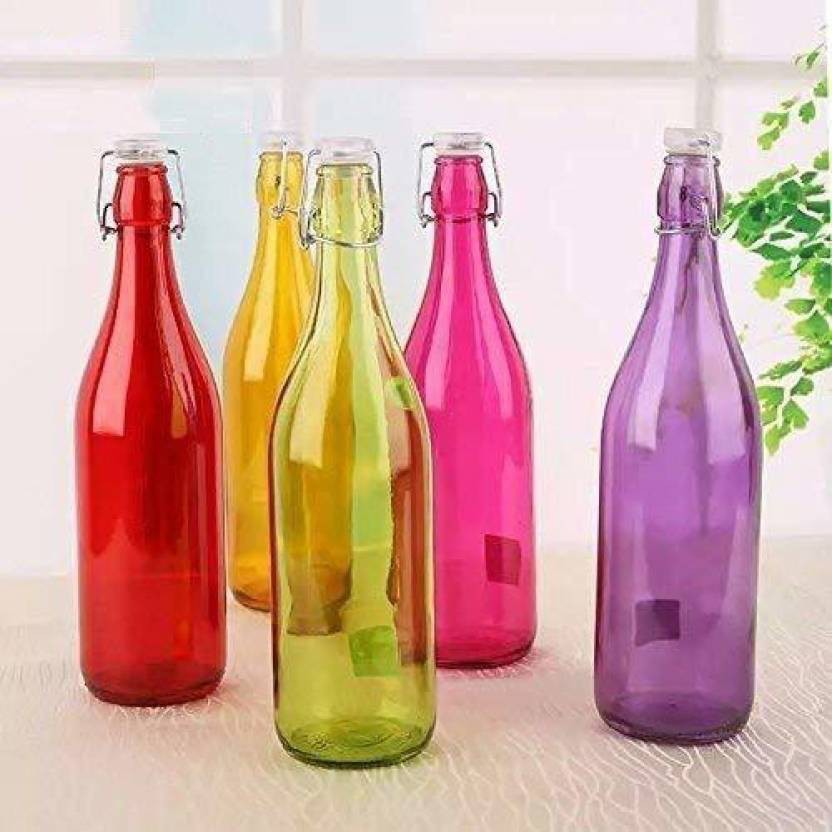 Water/ Milk Transparent Glass Colorful Bottle With Lid, Set Of 3, 1000 Ml