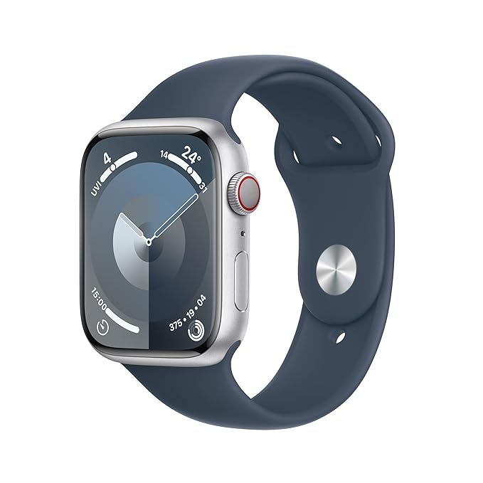 APPLE Watch Series 9 GPS + Cellular 45mm Silver Case & Storm Blue Sport Band - M/L  (Silver Strap, Free Size)
