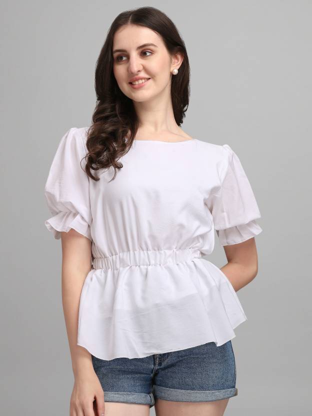 Casual Balloon Sleeve Solid Women White Top