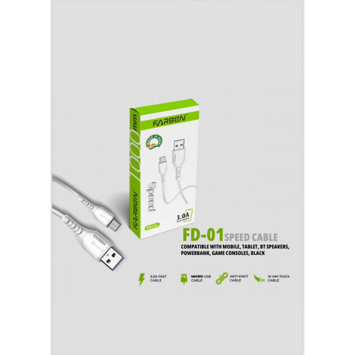Farben FD-01 Micro USB Cable 3.0 Amp - Fast Data Transfer and Charging, Durable Construction