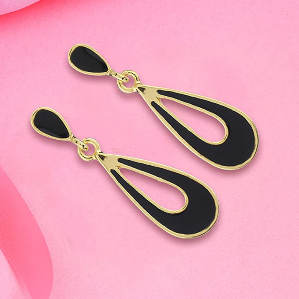 Estele Gold Plated Classic Drop Earrings with Black Enamel for Girls and Women
