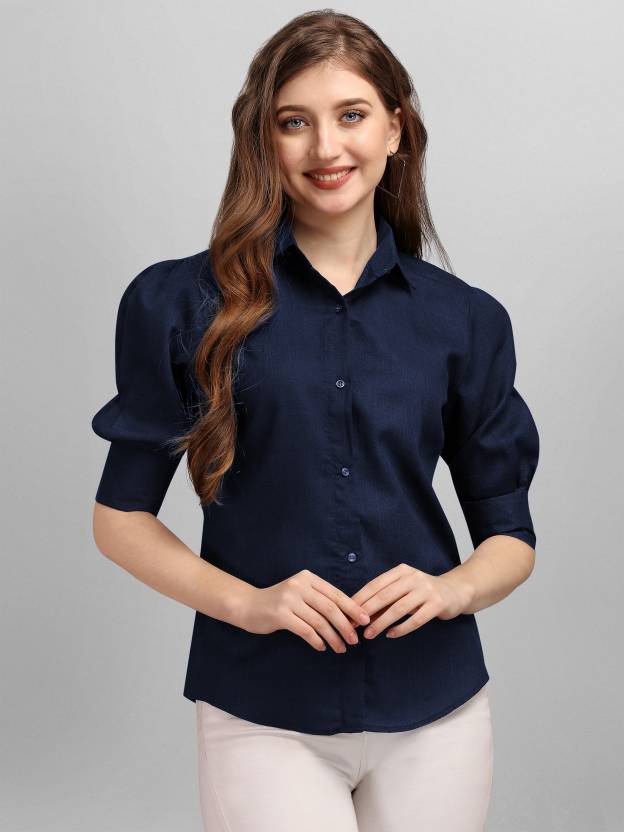 Women Regular Fit Solid Spread Collar Casual Shirt (Dark Blue)