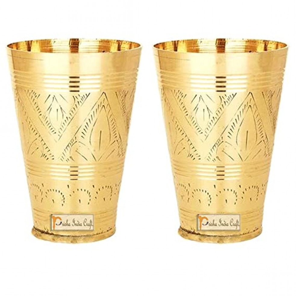 Prisha India Craft Pure Brass Mughlai Style Embossed Designer Glass Tumblers | Drinkware & Serveware | Capacity 250 ML | Set of 2