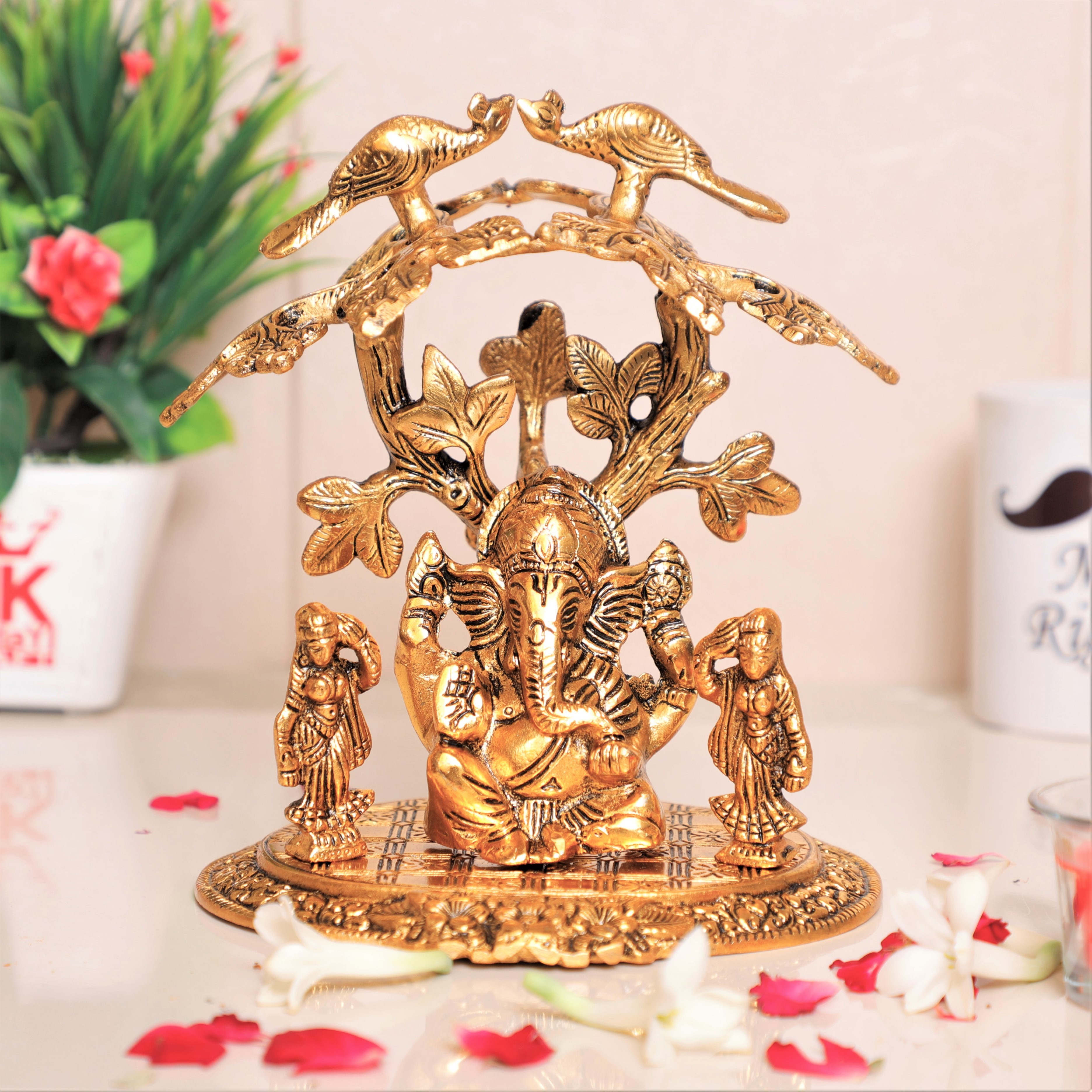 Ganesha With Riddi Shiddi Under Tree Metal Statue For Pooja Decorative Showpiece Figurine Religious Idols
