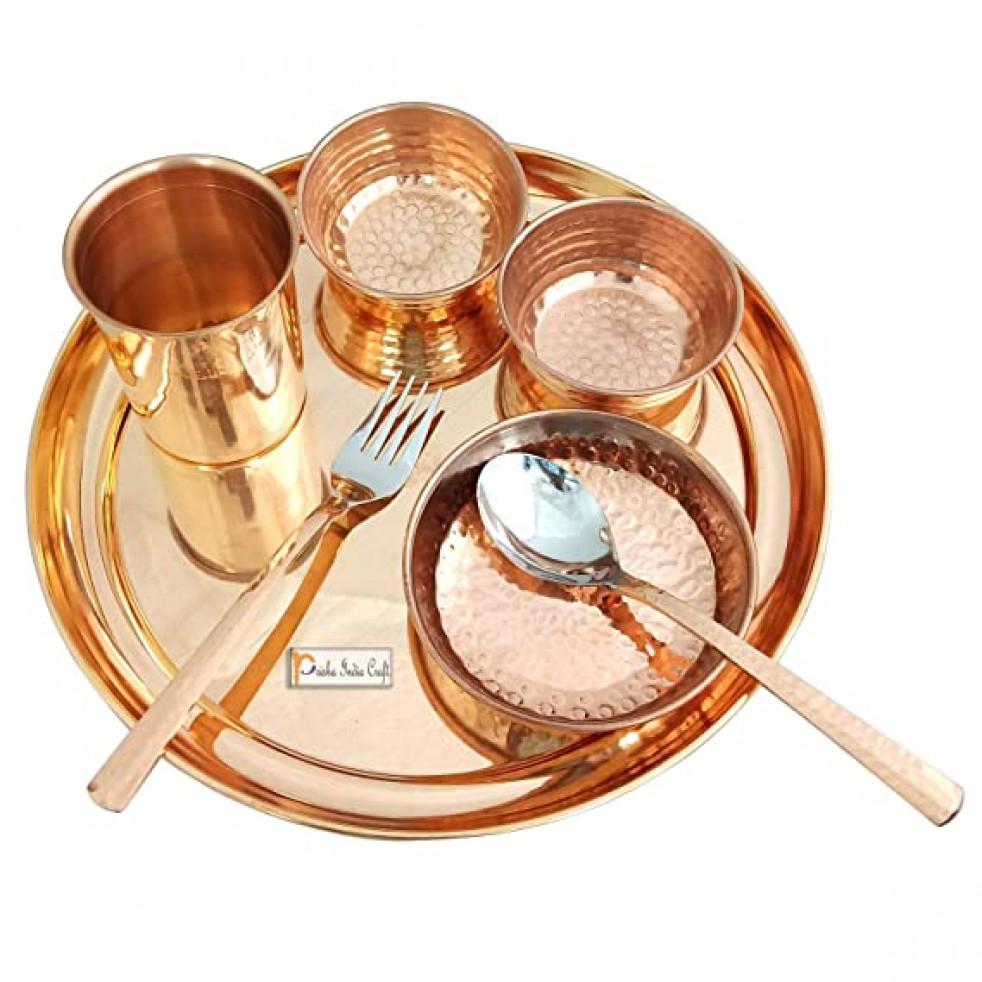 Prisha India Craft Pure Copper Dinner Thali Set, 7 Pieces Dinner Set, Diameter 11.50 Inch