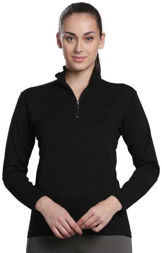 Zesteez Women Solid High Neck Polyester Black T-Shirt