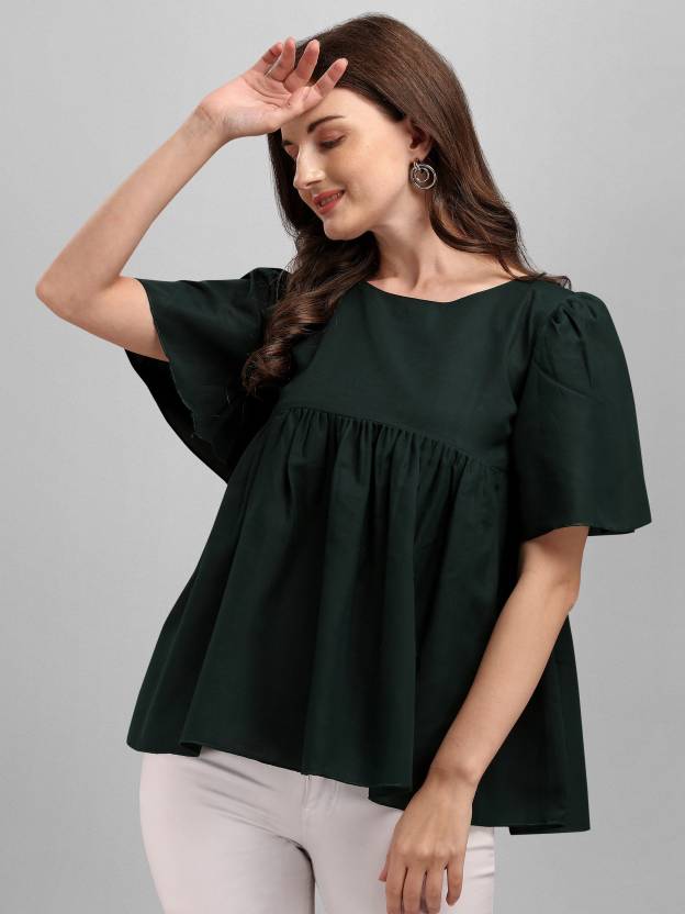 Casual Flared Sleeves Solid Women Green Top