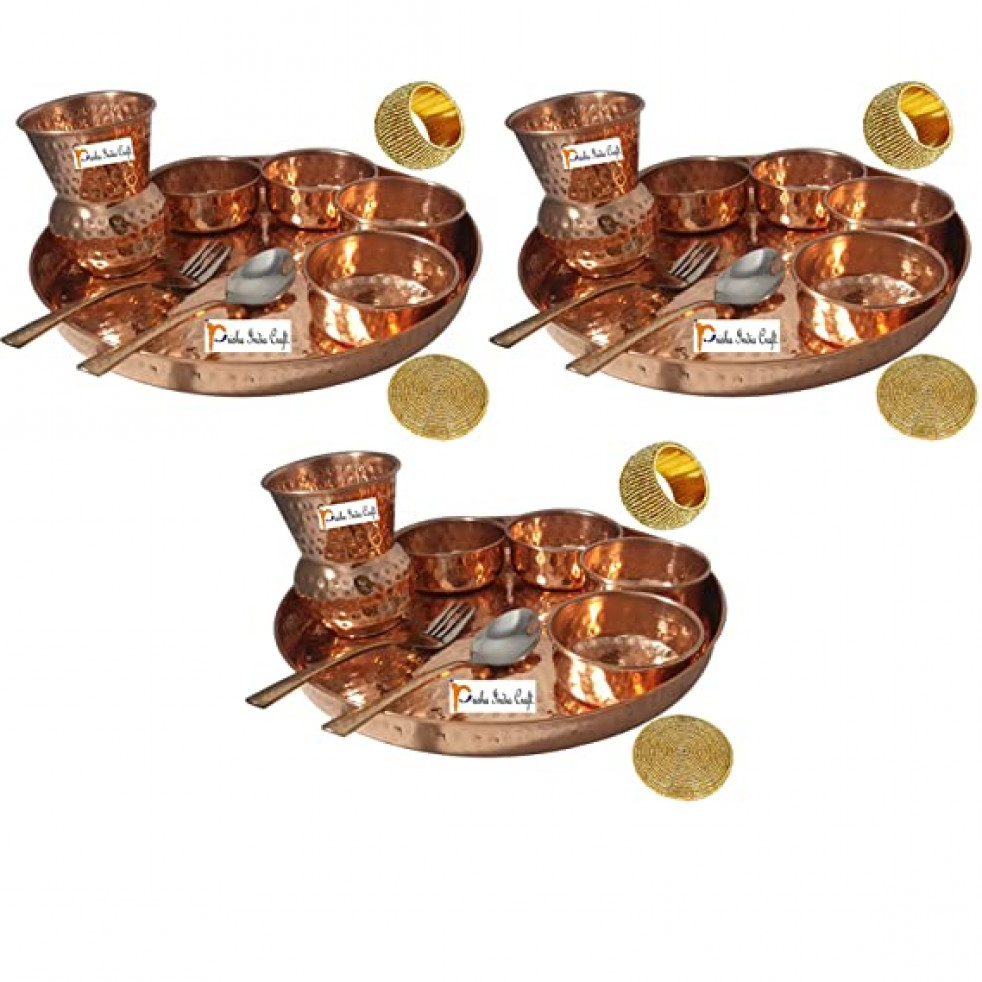 Prisha India Craft Set of 3 Traditional Indian Dinnerware Pure Copper Dinner Set of Thali Plate, Bowl, Spoon, Fork, Glass - Diameter 12 Inch - Diwali Gift