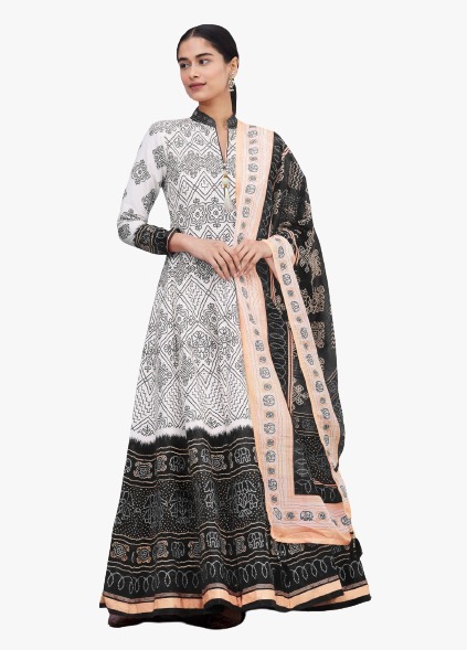 Tijuca Fashion A-Line printed gown with dupatta for womens (Black & White)