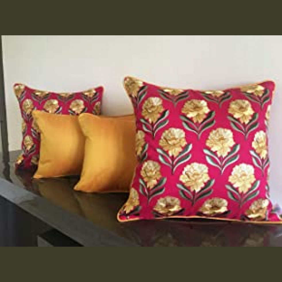 Tara Sparkling Homes Embroidered Cushion Covers - Rose Pink And Yellow - (Set Of 4)