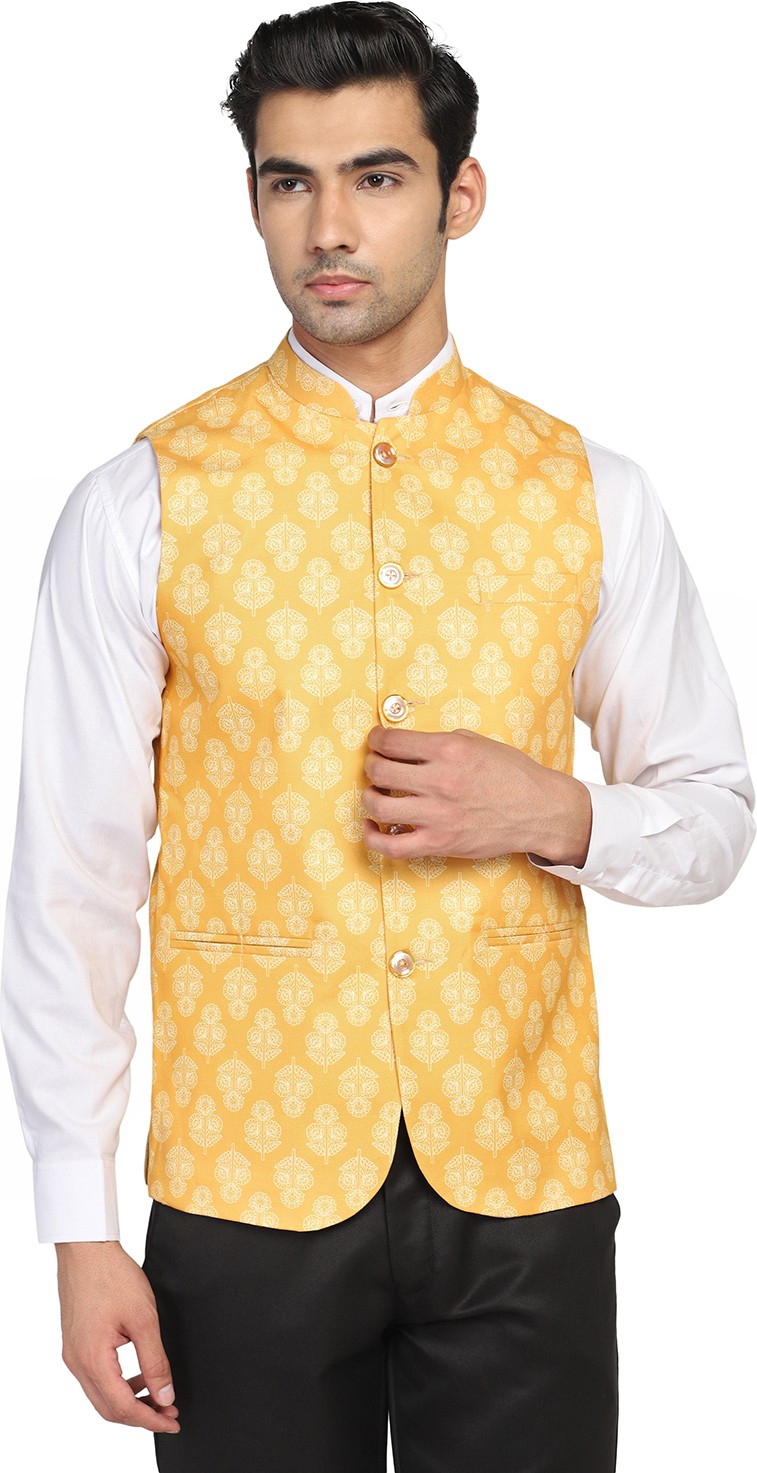 TAHVO Sleeveless Printed Men Jacket  - Yellow
