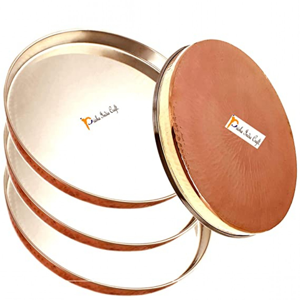 Prisha India Craft Stainless Steel Copper Dinner Plate Thali, Dinnerware & Tableware, 12" Inch, Set of 4