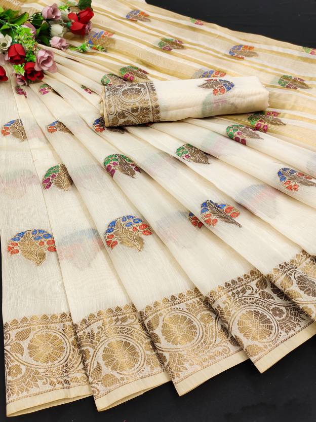 Ulltron  Woven Bollywood Cotton Silk Saree (White)