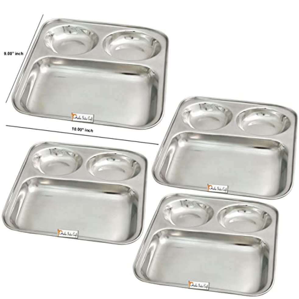 Prisha India Craft Stainless Steel 3 in 1 Compartment Divided Tray for Kids Lunch Camping, Length 9.00 Inch, Set of 4 Pieces