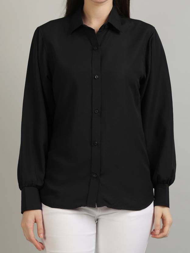 Women Regular Fit Solid Spread Collar Casual Shirt (Black)