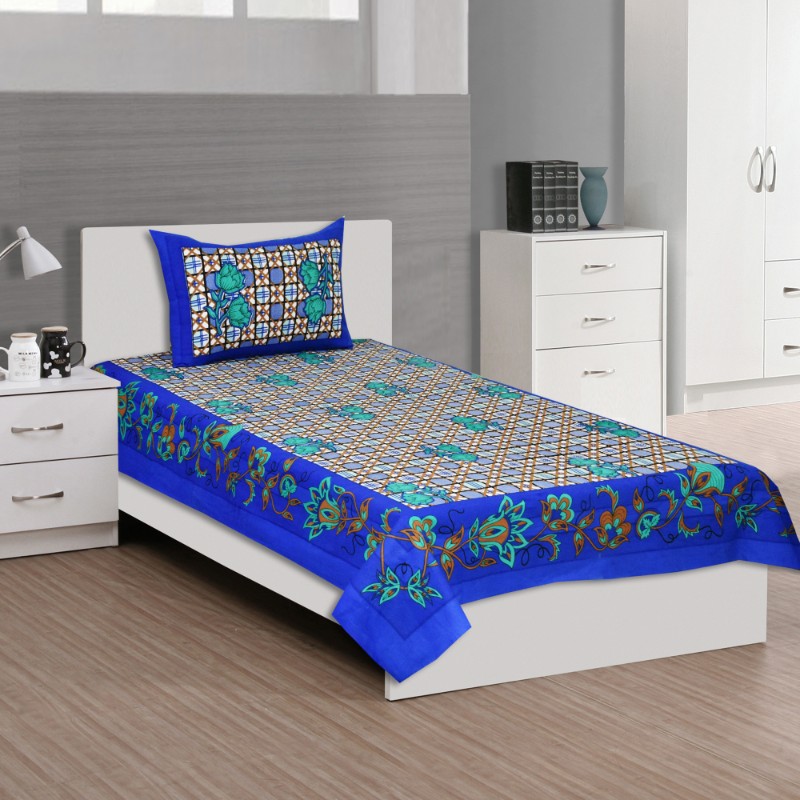 UniqChoice 100% Cotton Blue Color Jaipuri Single bedsheet With 1 Pillow Cover,1+1_Single_(89)10_Blue