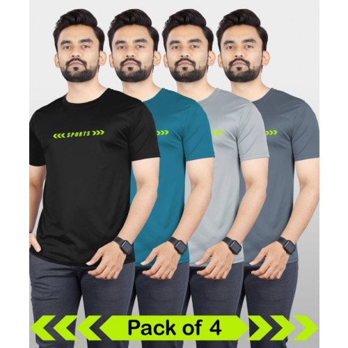 Pack of 4 Men Solid Round Neck Polyester Black, Blue, Grey T-Shirt
