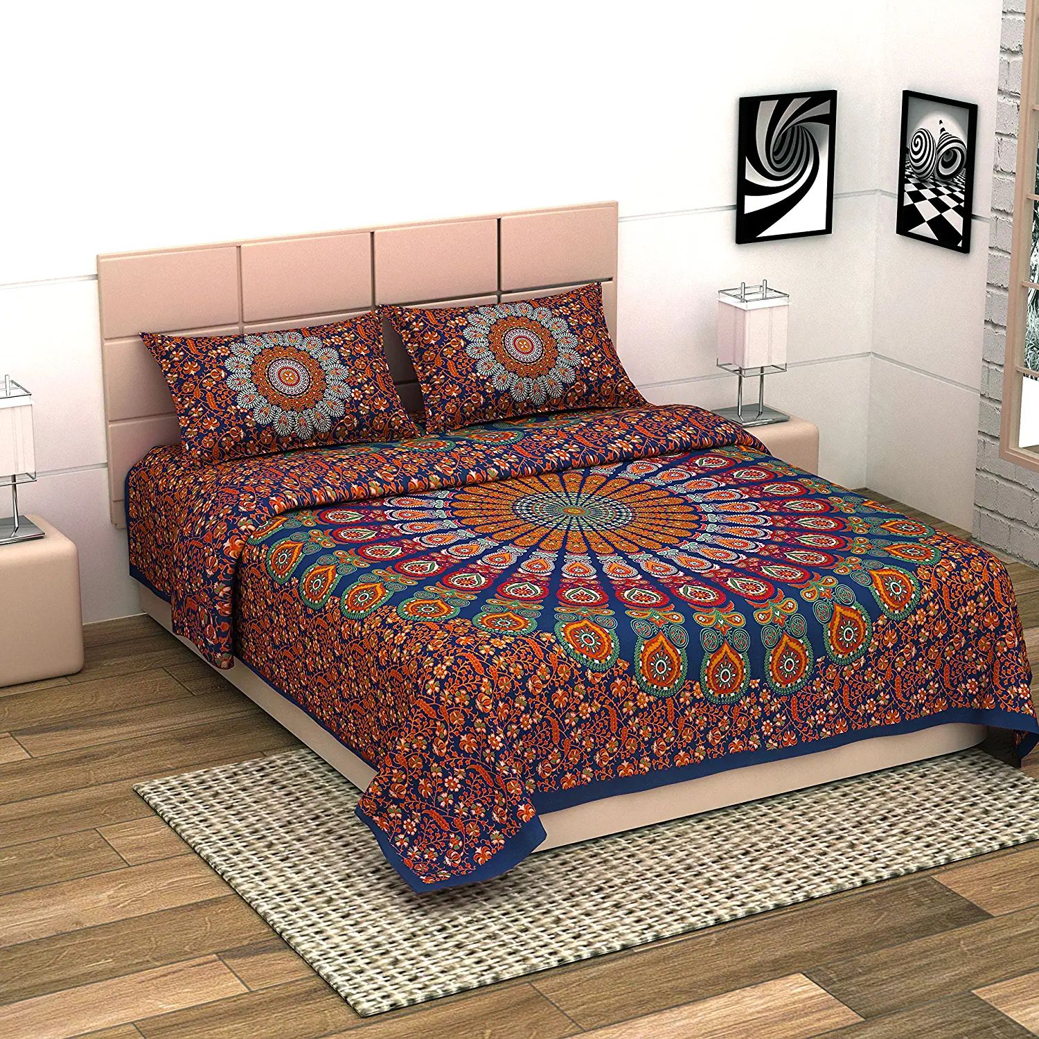 UniqChoice Multi Color 100% Cotton Badmeri Printed King Size Bedsheet With 2 Pillow Cover(D-1007NMulti)