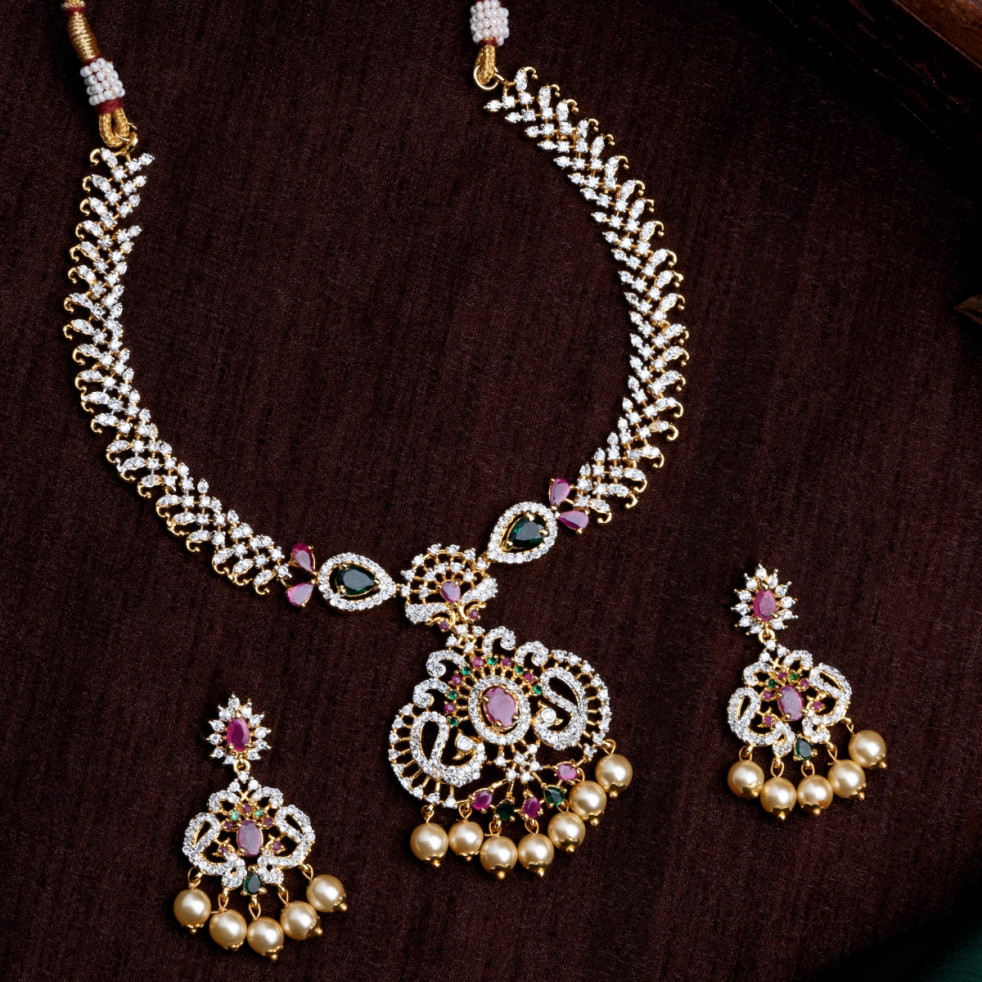 Estele Gold Plated CZ Mayuri Traditional Bridal Necklace Set With Pearls