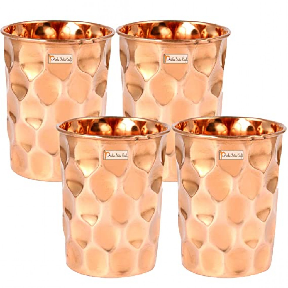 Prisha India Craft Pure Copper Water Glass Tumbler Diamond Design,350ml | Set of 4