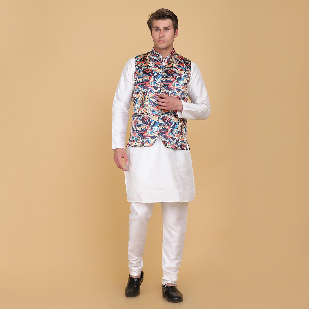 Tahvo Kurta, Ethnic Jacket and Pyjama Set For Mens (White)