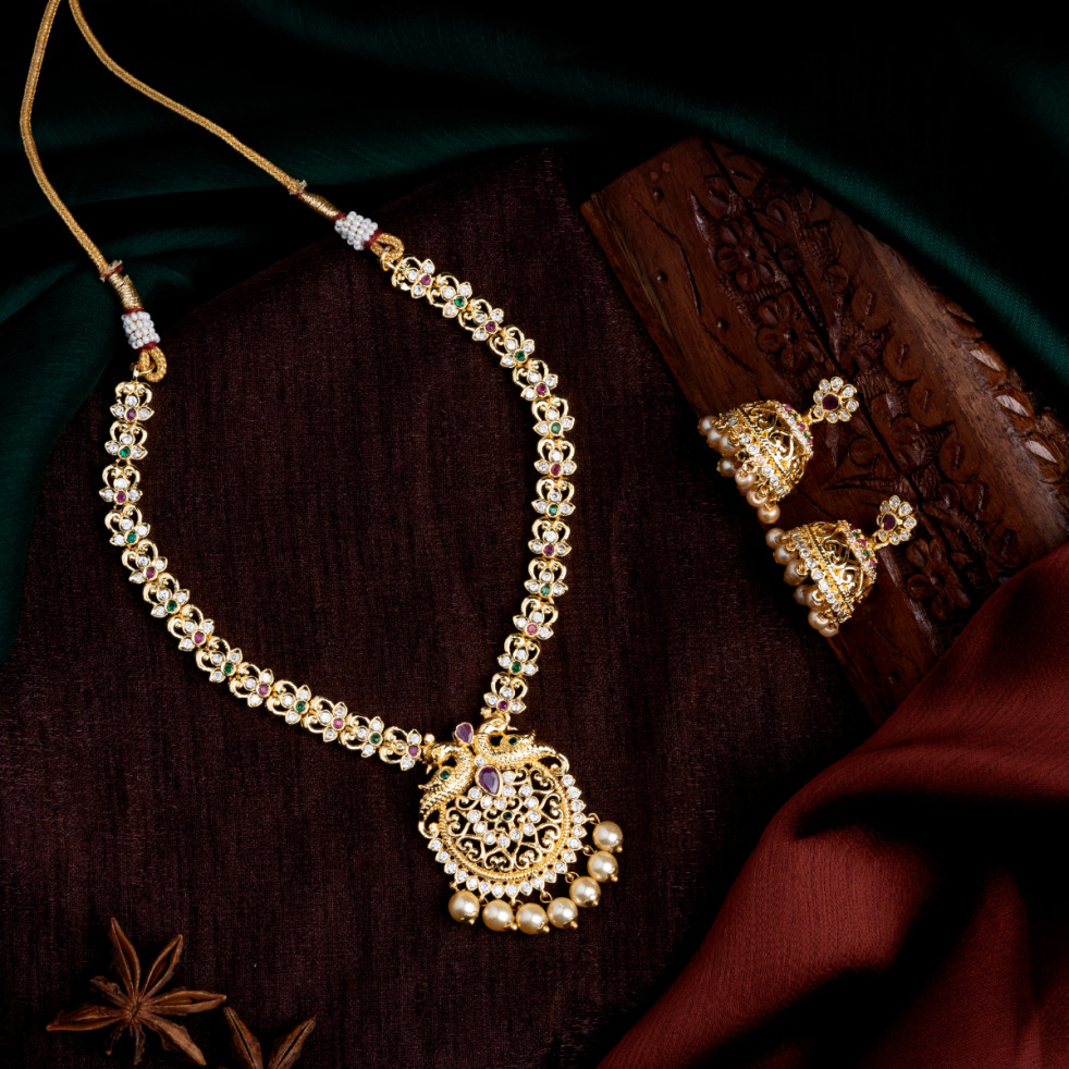 Estele Gold Plated CZ Elegant Designer Necklace Set With Pearls