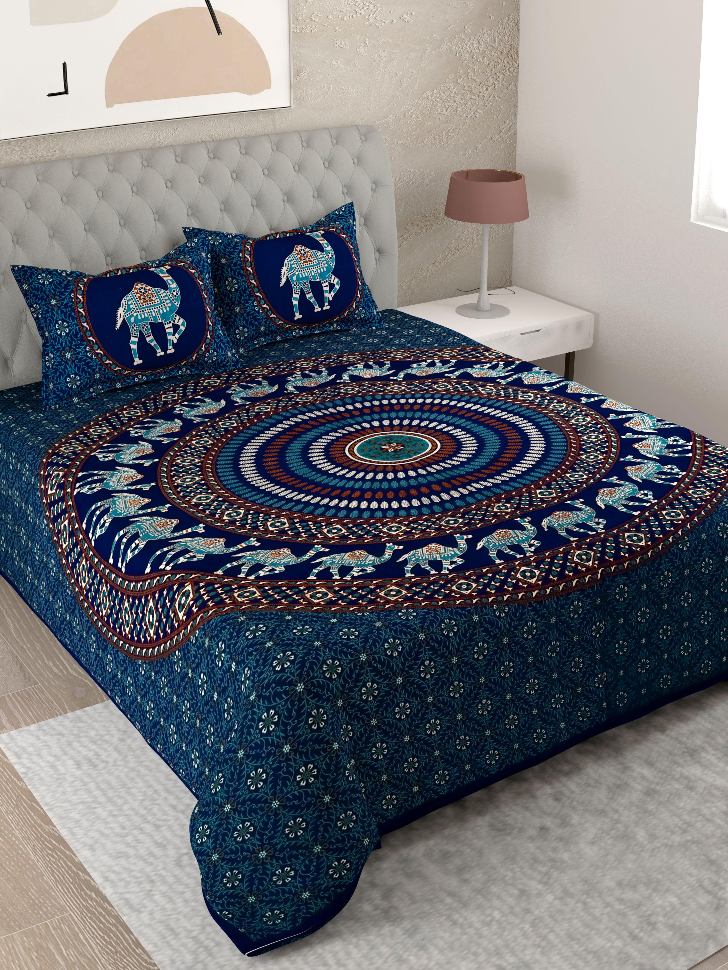 UniqChoice Blue Color 100% Cotton Badmeri Printed King Size Bedsheet With 2 Pillow Cover(D-2008NBlue)