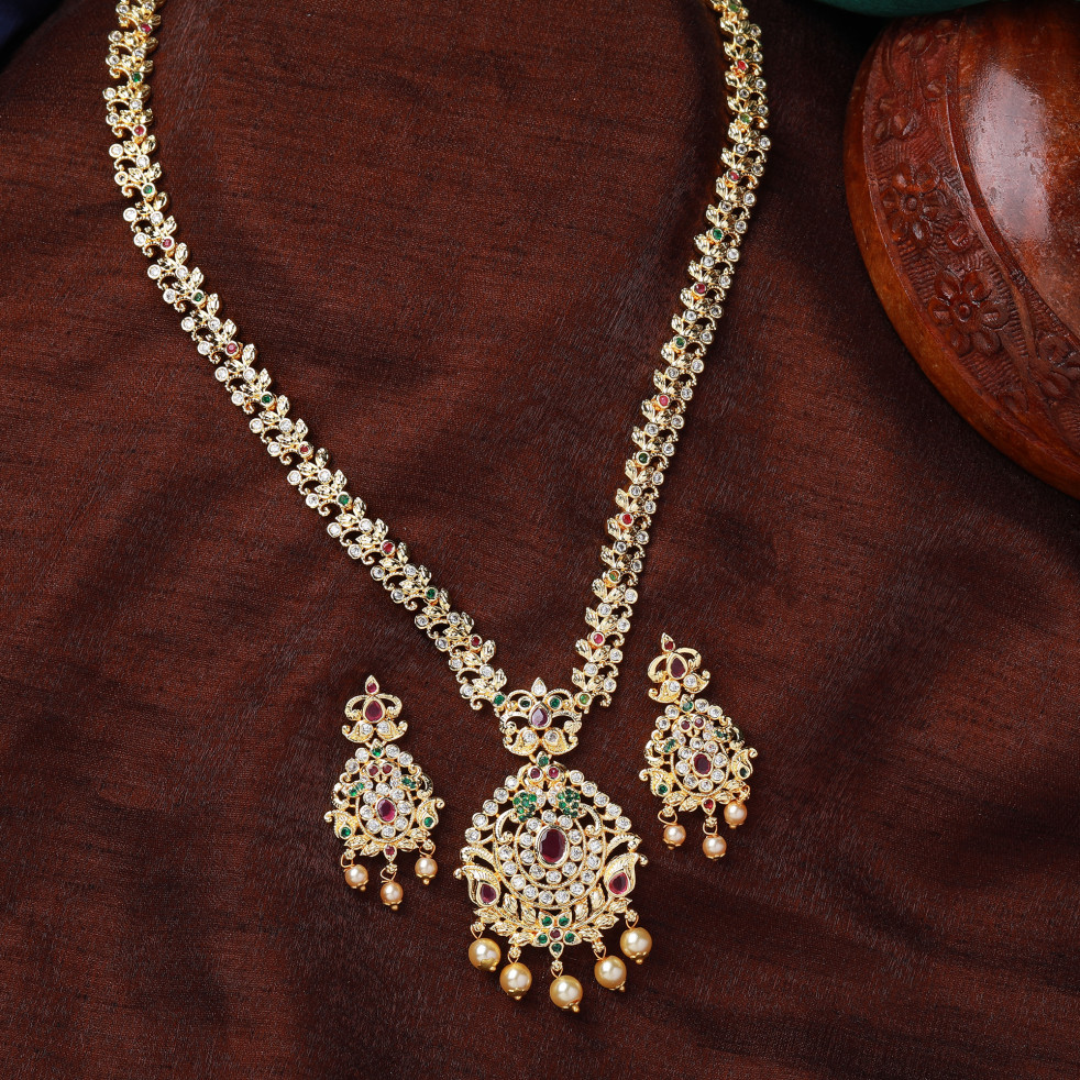 Estele Gold Plated CZ Designer Bridal Necklace Set With Pearls & Colored Stones