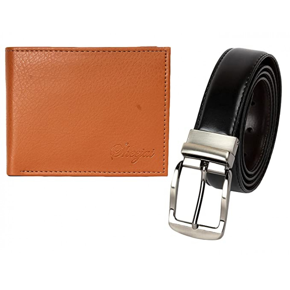 Sheejai Men'S Light Weight Leather Wallet And Belt Combo In Tan Brown And Black