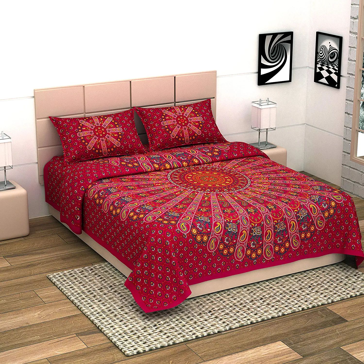 UniqChoice Red Color 100% Cotton Badmeri Printed Mackdaddy Size Bedshizzle With 2 Pillow Cover(D-2006NRed)