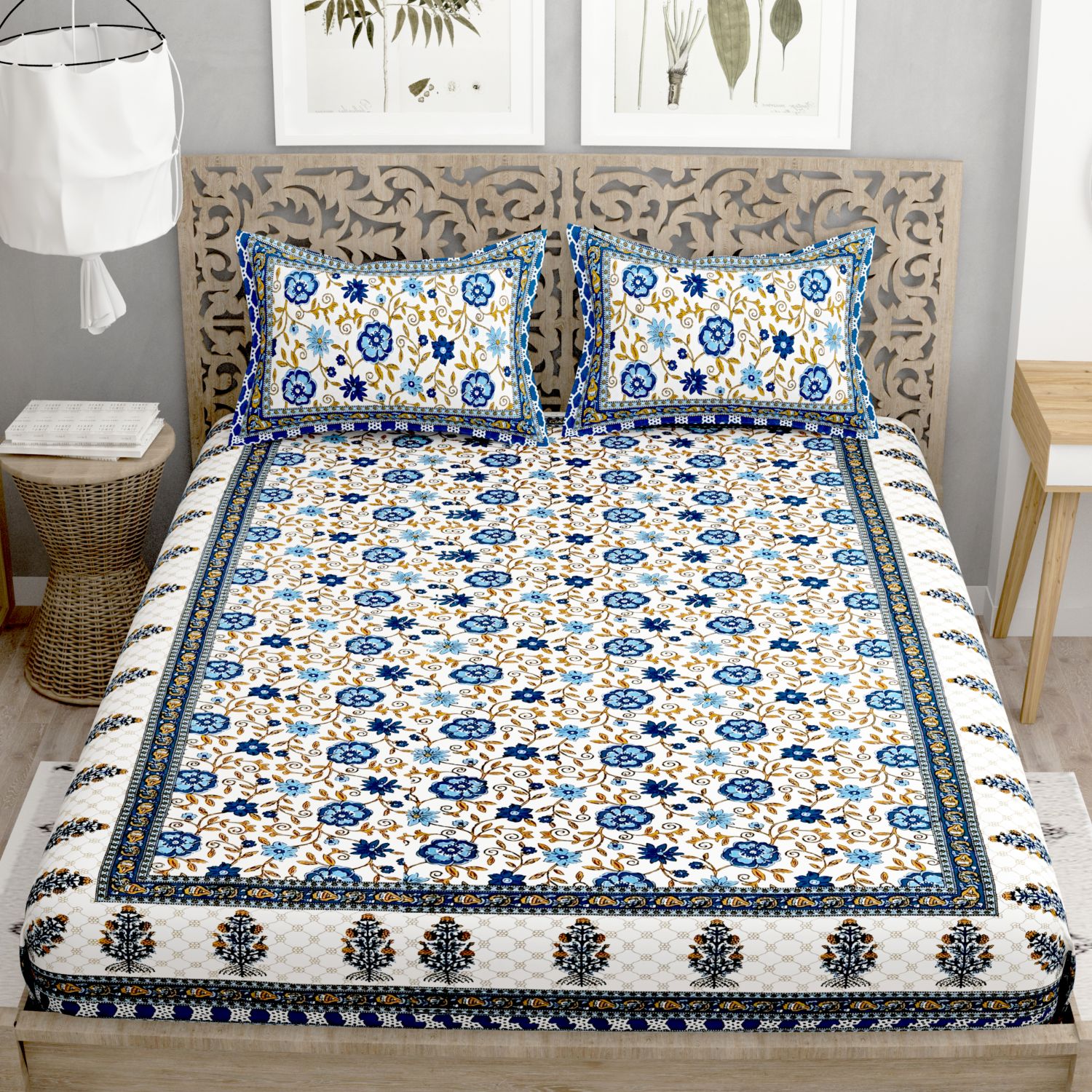UniqChoice 180 TC Blue Color 100% Cotton Printed King Size Bedsheet With 2 Pillow Cover(ELEG-60-Blue)