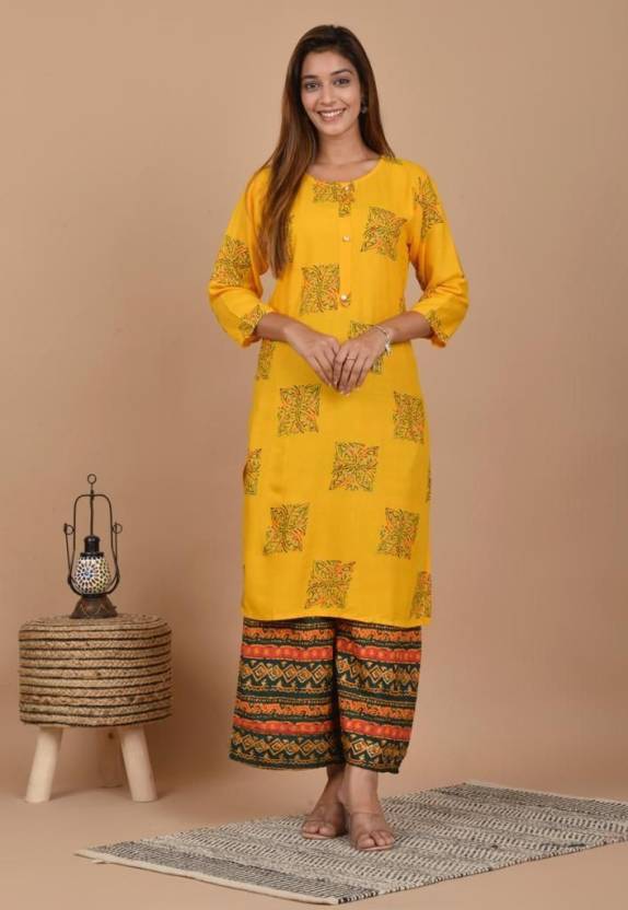 Women Cotton Rayon Kurta and Pant Set (Yellow)