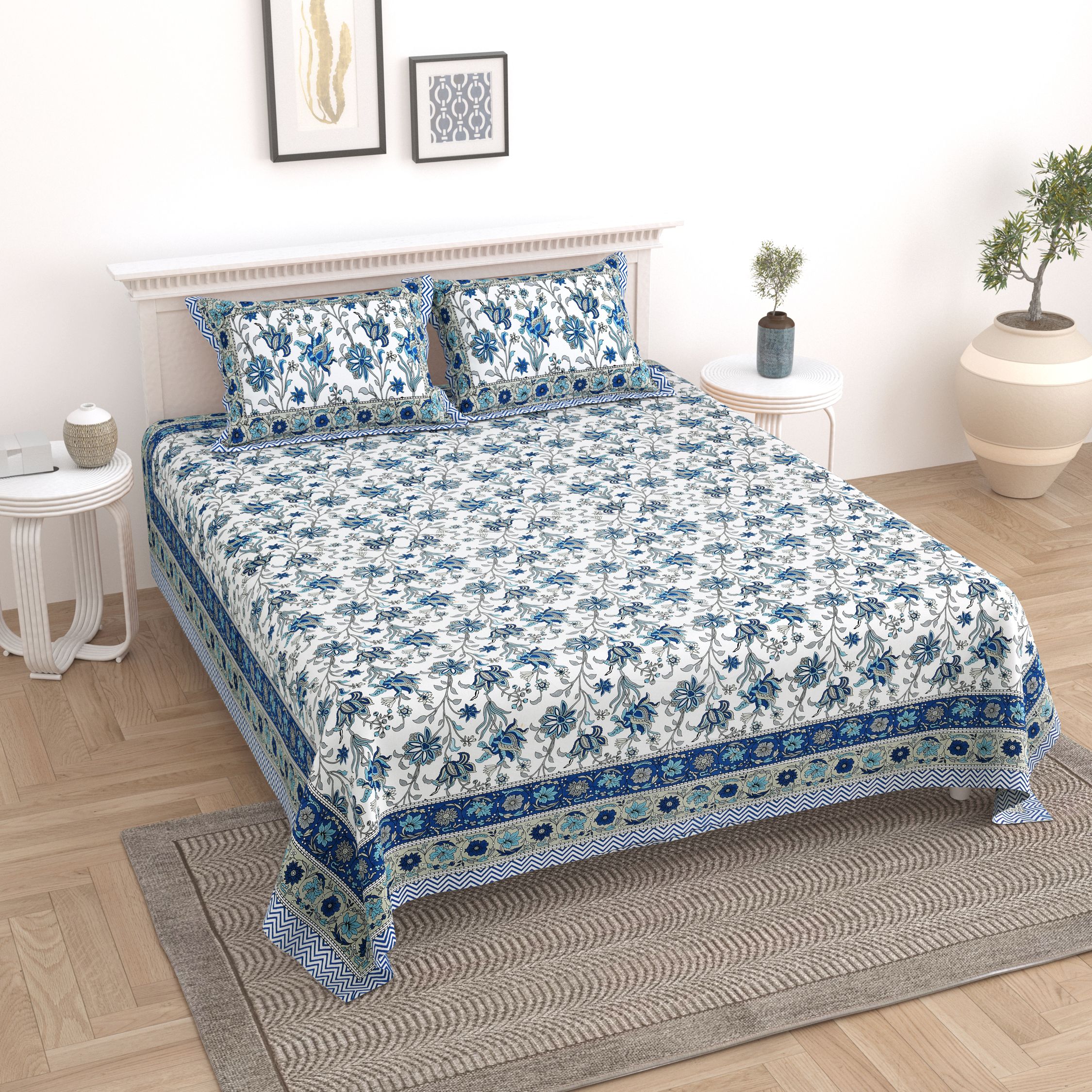 UniqChoice Blue 180TC 100% Cotton King Size Bedsheet With 2 Pillow Cover (INFNTE-34_Blue)