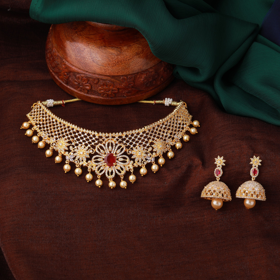 Estele Gold Plated CZ Floral Design Bridal Choker Necklace Set With Pearls