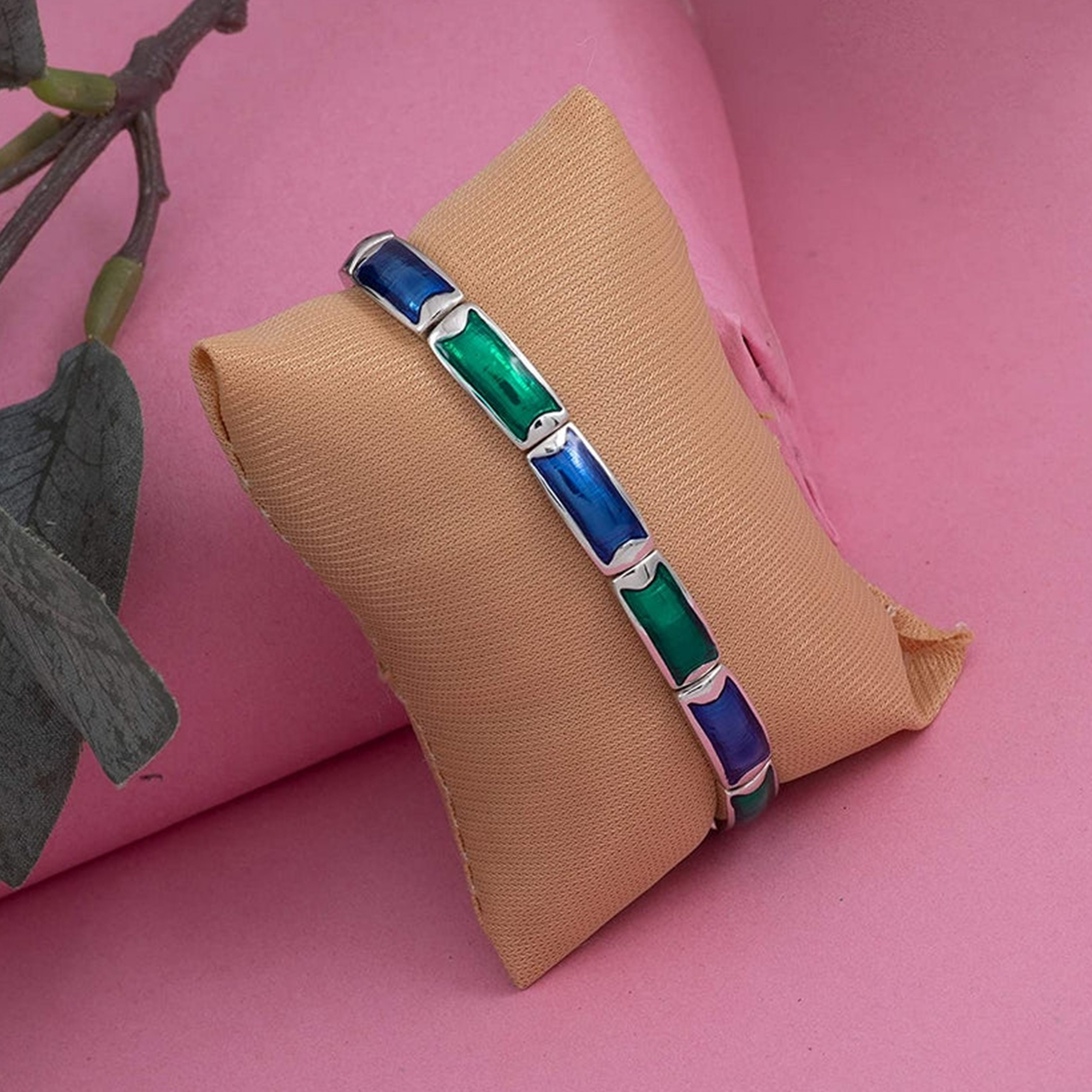 Estele Rhodium Plated Attractive Cuff Bracelet with Blue & Green Enamel for Women