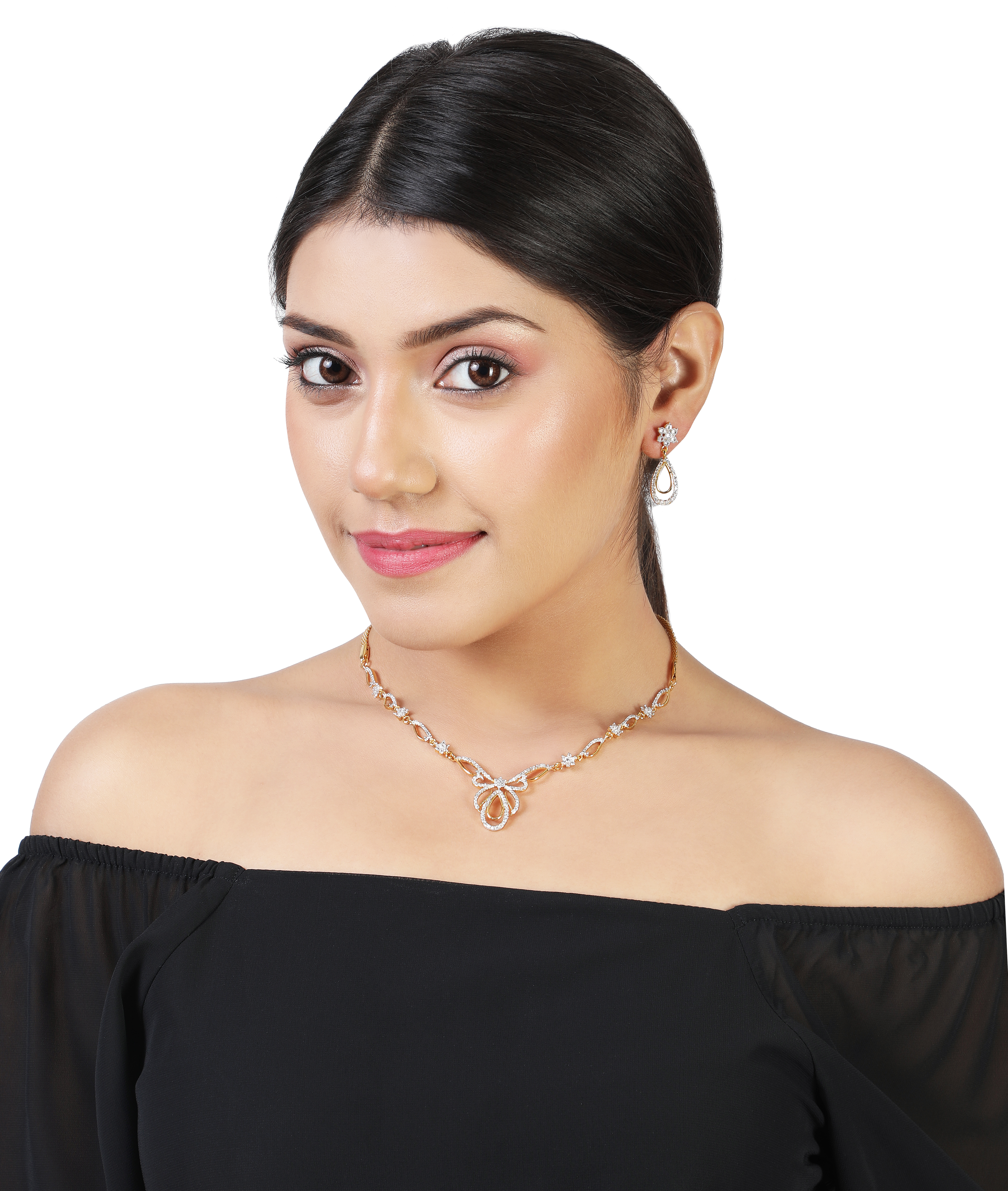 Estele Gold Plated CZ Flower Designer Necklace Set with White Stones for Women