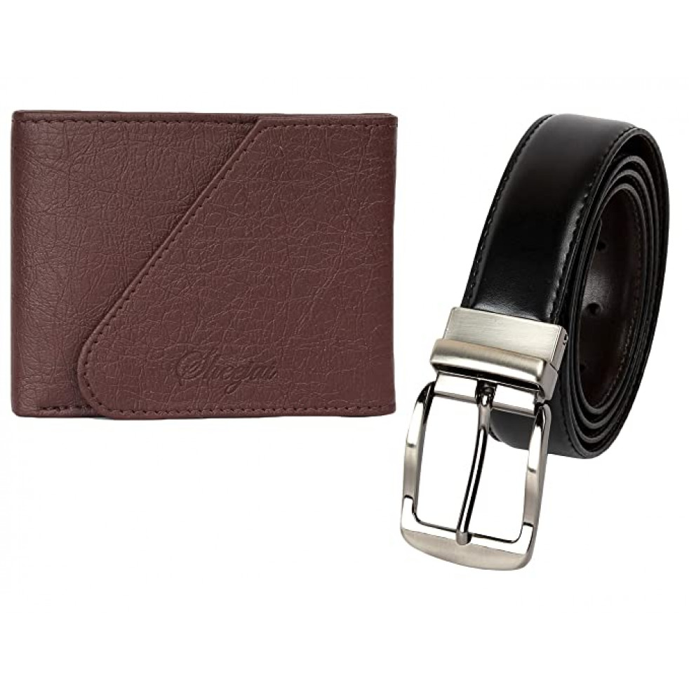 Sheejai Men'S Light Weight Leather Wallet And Belt Combo In Dark Brown And Black