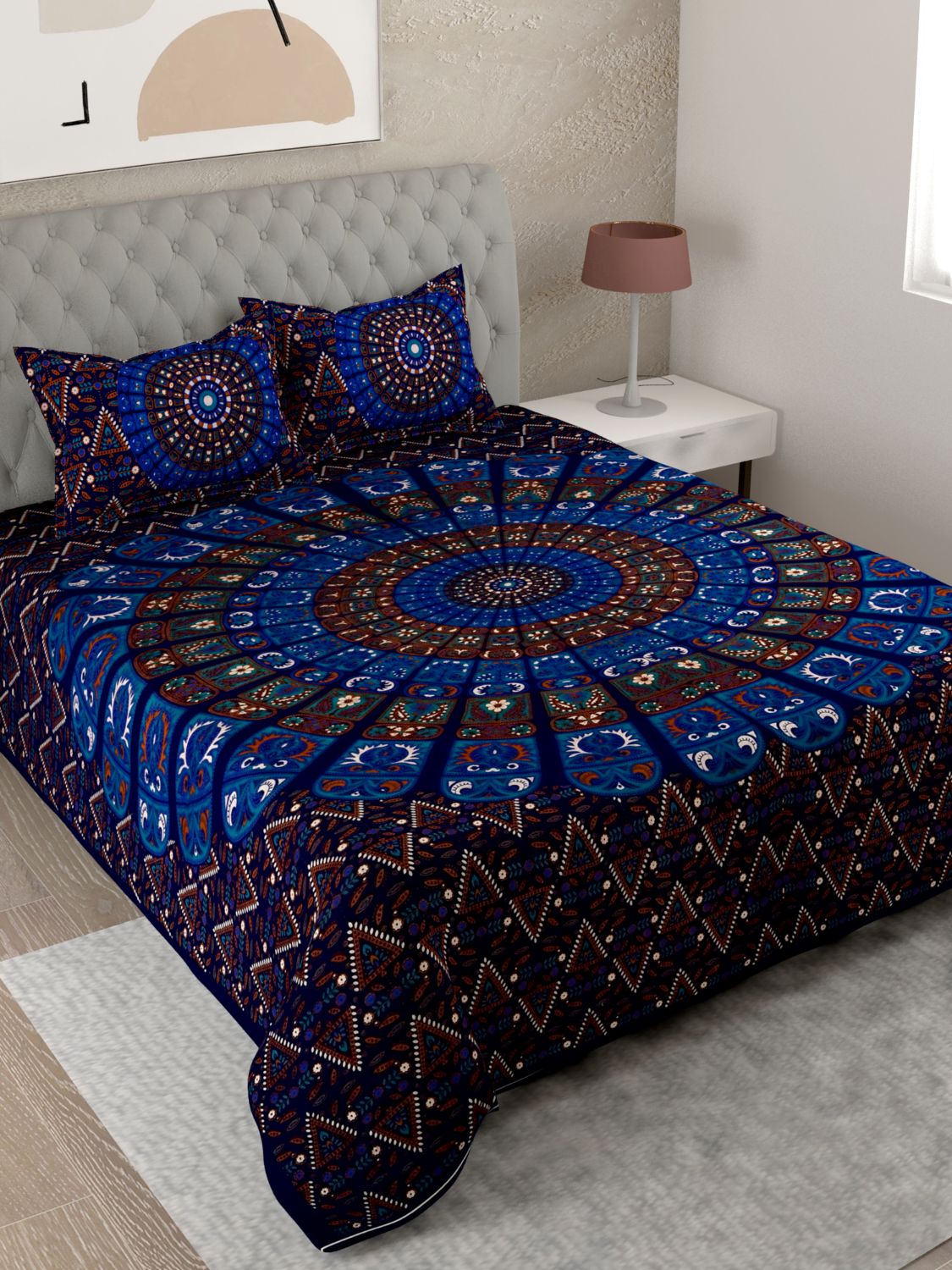 UniqChoice Blue Color 100% Cotton Badmeri Printed King Size Bedsheet With 2 Pillow Cover(D-1047NBlue)